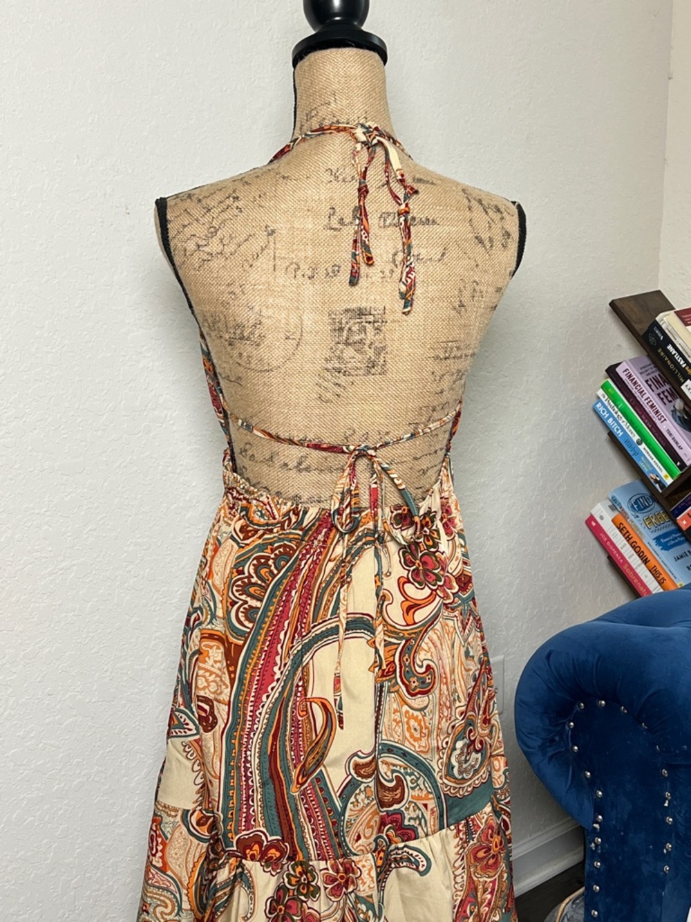 Boho Halter Maxi Dress in Cream & Teal Paisley - Picture 3 of 8